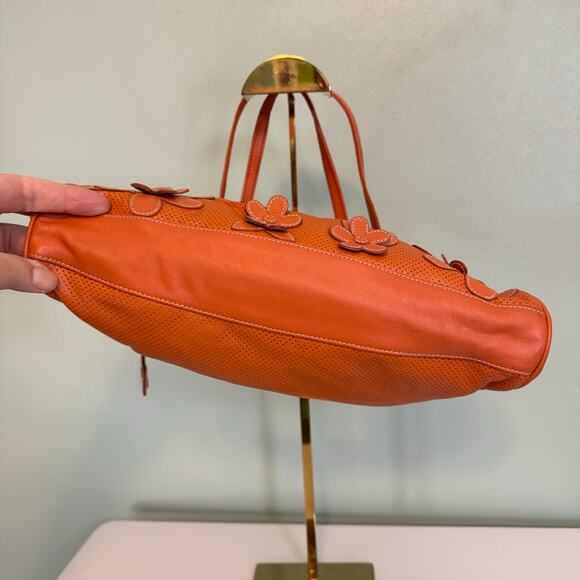 Isabella Fiore Shoulder Handbag Orange Leather Floral Perforated Retro Hippie - Picture 6 of 11